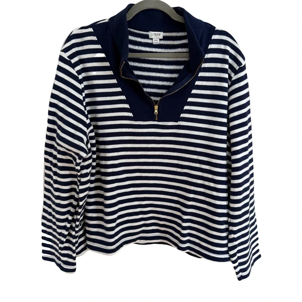 J Crew Striped‎ Quarter Zip Fleece Sweatshirt Navy White XXL Nautical Classic
